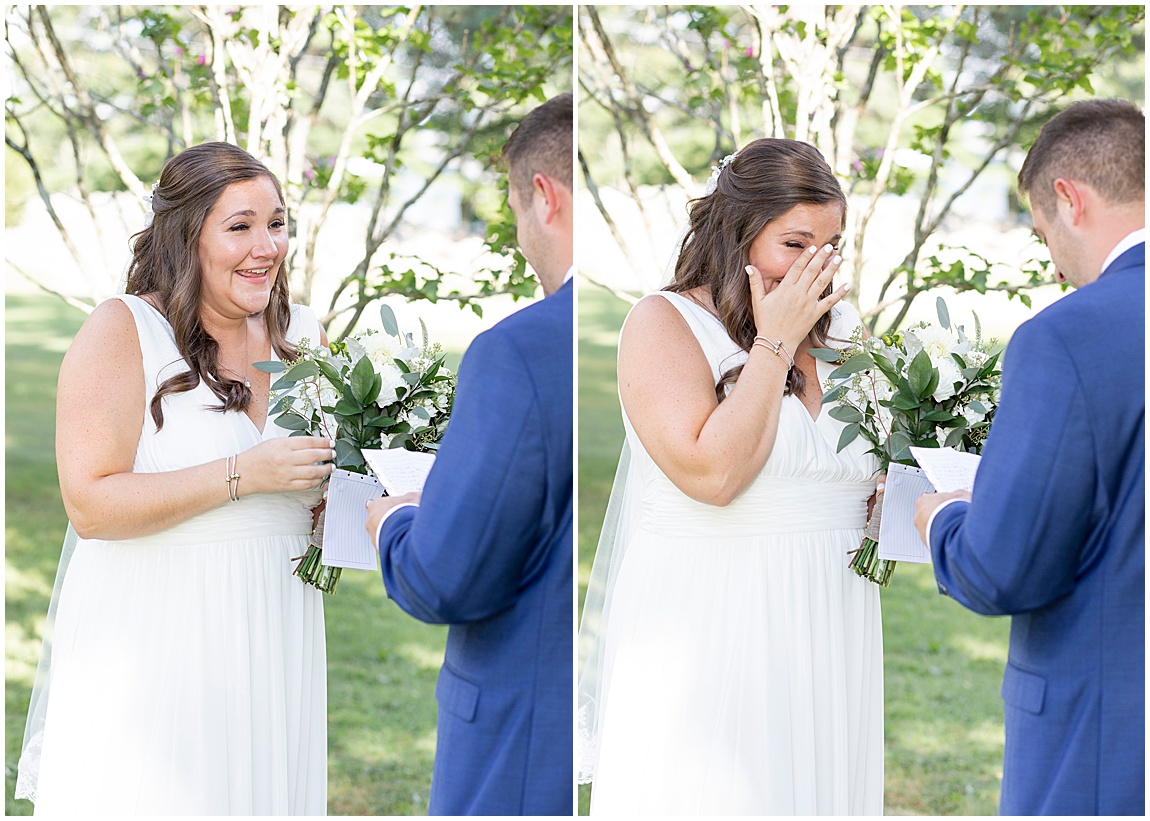 Intimate backyard wedding Mendon, bride and groom exchanging vows