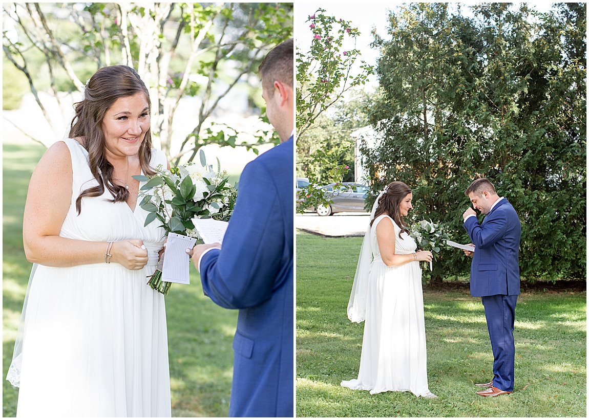 Intimate backyard wedding Mendon, bride and groom exchanging vows